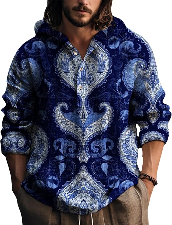 Men's Ethnic Patterns Printed Hoodies Button Up Shirt Casual Lightweight Boho Pullover Sweatshirt Vintage