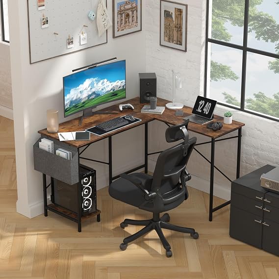 L-Shaped Computer Desk with Reversible Storage Shelves, Strong Metal Frame, MDF Board Desktop, Side Storage Bag, Writing Study Work Table for Home Office, 50 inches Wide