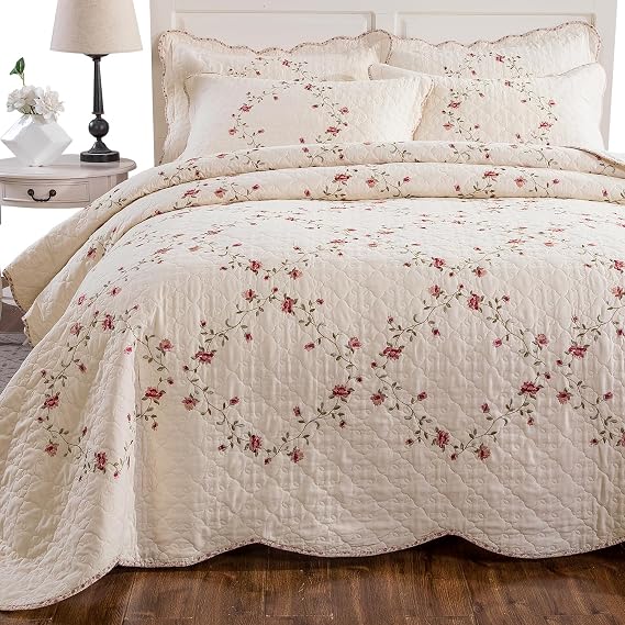 mixinni Floral Embroidered Quilt Set - 3 Pieces Reversible Quilt Bedding Set, Cotton Blend Quilt King Size Set Elegant Embroidery Bedspread Coverlet Set with 2 Pillow Shams for All Seasons (106"x96")