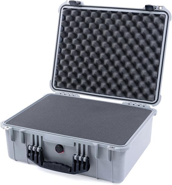 Pelican 1550 Case by ColorCase - Silver - Medium Size Waterproof Case with Pick & Pluck Foam Set & Convoluted Lid Foam - Black Handles & Latches