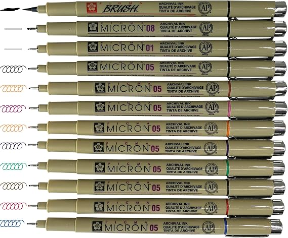 Sakura Pigma Micron pens 12 Fineliner Drawing Set (05 Assorted Color with Black Brush, 08, 01 & 05)