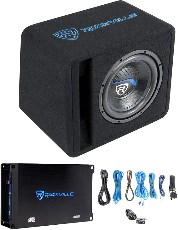Rockville SK510 PACKAGE 10" 1200w Loaded K5 Car Subwoofer Enclosure+DB11 Amp | 1200W Peak, 300W RMS, MDF, Class D Mono Amp, Bass Knob, 50-250Hz Crossover, 8-Gauge Wire Kit