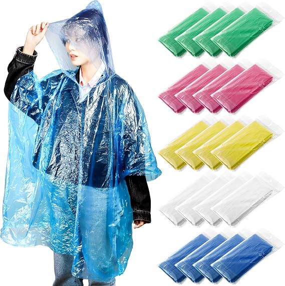 Cididu 20 Pack Disposable Rain Ponchos for Adults, Clear Plastic Emergency Raincoats with Hood, Individually Wrapped Bulk Rain Ponchos Waterproof Family Pack Camping