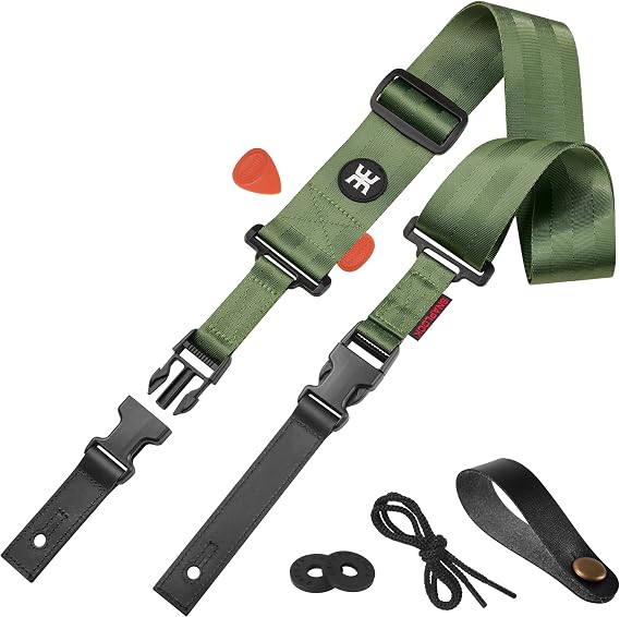 Amumu SNAPLOCK Guitar Strap with Clip Army Green Nylon for Acoustic, Electric and Bass Guitar include Strap Blocks & Headstock Strap Tie - 2" Wide