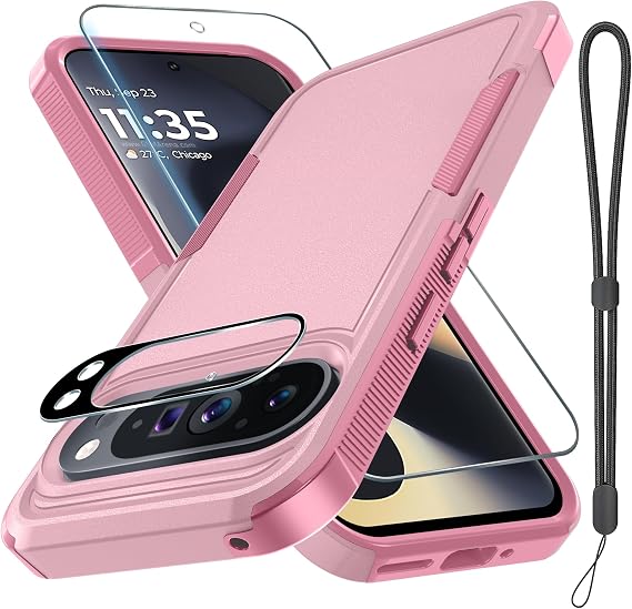 Google Pixel 9 Pro XL用ケース フルボディ 高耐久 頑丈 耐衝撃 保護カバー ストラップストラップ付き、強化ガラススクリーンプロテクターとカメラレンズカバー、かわいいピンク