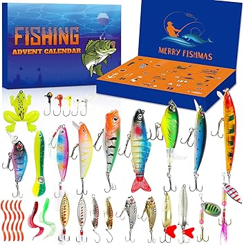 Fishing Lure Advent Calendar 2025 Adult Teen Boys, 24 Days Xmas Countdown Fishing Gifts for Men with Topwater Lures, Minnow, Crankbait, VIB