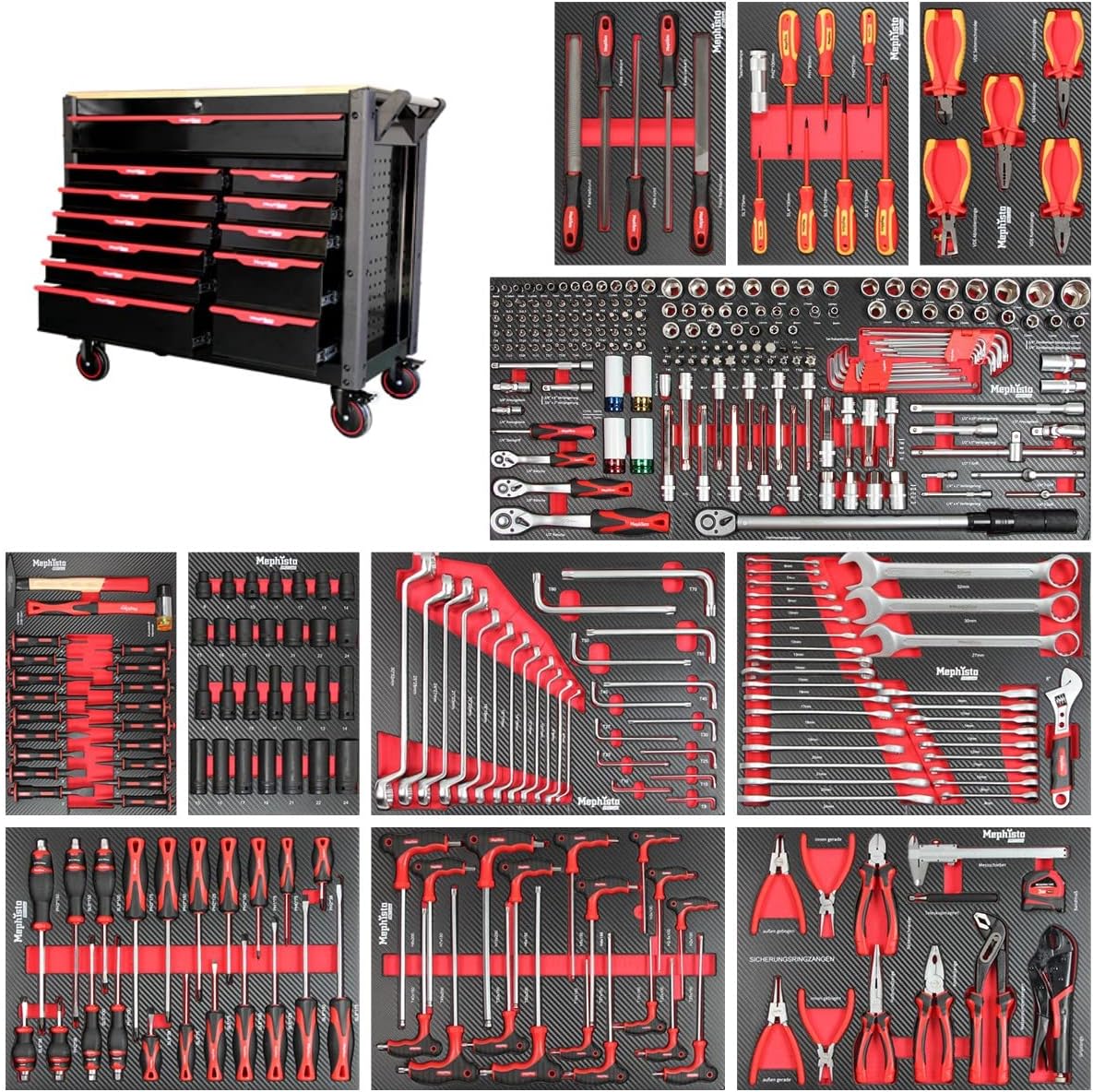 mephisto pro-line big tool trolley workshop trolley filled with 12 drawers of which 11 including tools such as vde screwdriver ratchet with nut box screwdriver set in soft inlays in carbon lock