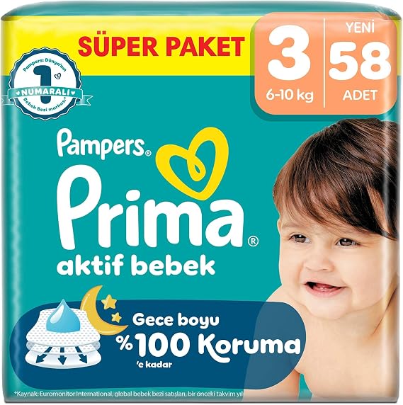 Prima Bebek Bezi Aktif Bebek Süper Paket 3 Beden 58 Adet