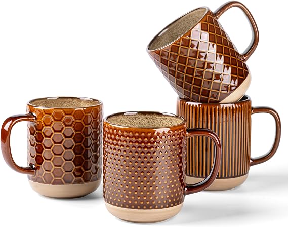 GBhome Coffee Mugs Set of 4, 16 oz Coffee Cups with Large Handle | 4 Assorted Designs, Embossed Ceramic Coffee Mugs for Coffee/Tea/Cappuccino, Dishwasher&Microwave Safe, Caramel