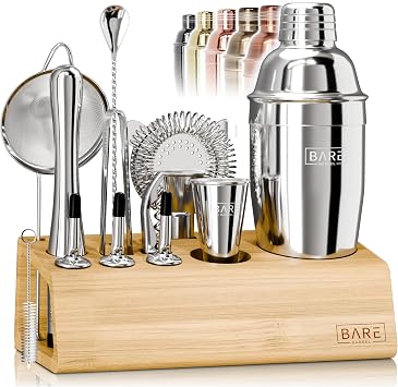 BARE BARREL Mixology Bartender Kit Bar Set | 14-Piece Cocktail Shaker Set | Martini Barware Mixing Tools for Home Bartending | Incl. 35 Recipe Cards | Gift Set (24oz Cobbler Shaker, Silver/Natural)