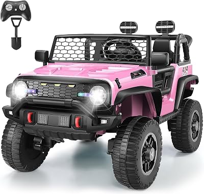 Hikole 2 Seater XL 4x4 Ride on Cars with Remote Control, 20 Inch Wide Seat, 4WD2WD Switchable, 3 Speeds, Spring Suspension, 4x100W Motors, Colorful LED Lights, 24V Ride on Toys for Kids 4-8, Pink