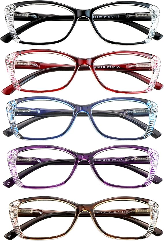 VisionGlobal 5 Pairs Reading Glasses with Spring Hinge, Blue Light Blocking Glasses for Women/Men