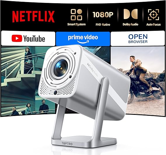 Smart Projector [Built-in Apps/4K Support/2026 Upgraded] with WiFi and Bluetooth, Native 1080P Outdoor Movie Projector, Auto Focus, Dolby Audio, TOPTRO Mini Portable Proyector w/ YouTube/Prime Video