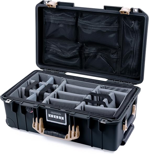 Black Pelican Air 1535 Carry-on Case - With Grey Padded Dividers & Mesh Lid Organizer - Desert Tan Handles & Latches.