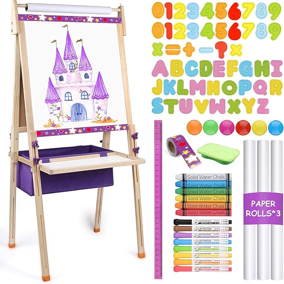 Vinlon Art Easel for Kids Ages 4-8, Premium Whiteboard & Chalkboard with 3 Paper Roll, Adjustable Double-Sided Easel Stand, Easter Gift Easter Basket Stuffers for Kids Ages 4 5 6 7 8