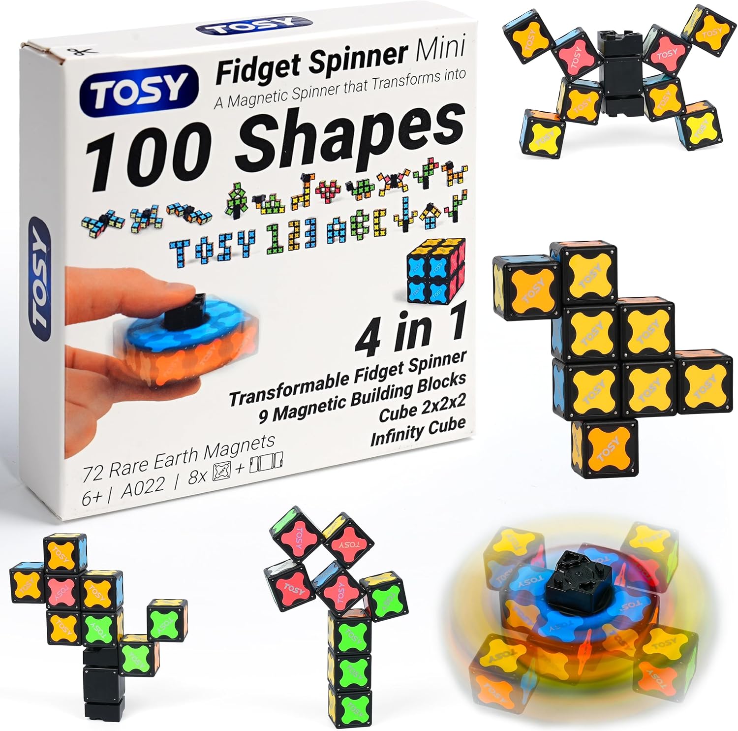TOSY Magnet Fidget Spinner Mini - 8 blocks, 3 in 1 Toy: Transformable Fidget Spinner, Infinity Cube, 2x2 Puzzle Cube, Easter Birthday Gift for Kids/Adults, STEM Sensory Stress Relief Toy