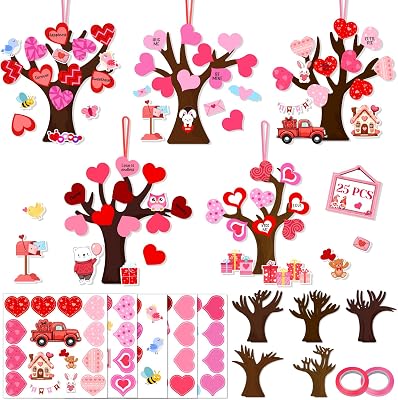 AMCEMIC 25 Pack Love Heart Tree Craft for Kids Make A Valentines Day Heart Tree Hanging Ornament Heart-Shaped Craft Kit for Project Classroom Home Activity Valentines Day Party Favor Supplies