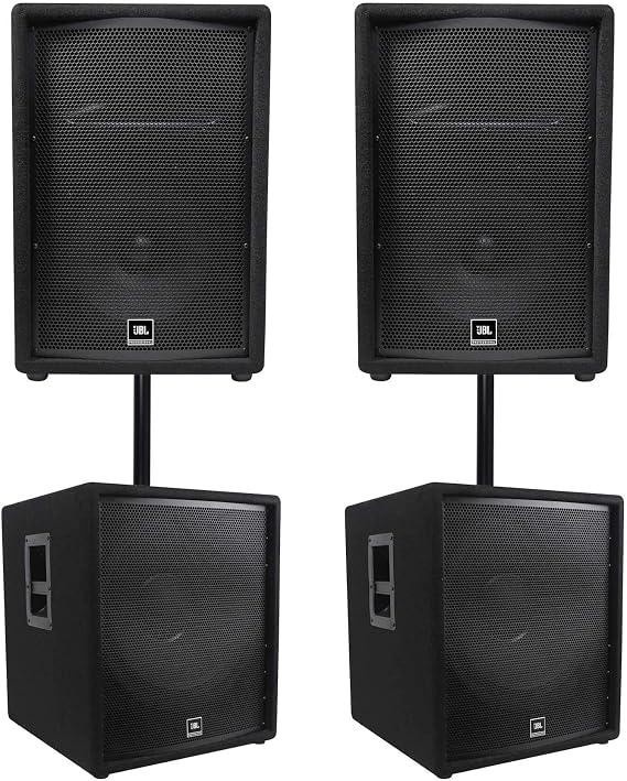 Audiosavings Bundle: (2) JBL JRX212 1,000 Watt 12" Inch DJ P/A Speaker Floor Wedge Monitor Bundle with (2) RJBL Pro JRX218S 18" Inch Compact Passive Subwoofer, (2) RSP36 36" Mounting Pole (6 Items)