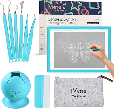 iVyne Complete Set Rechargeable A4 Light Pad, Weeding Tools for Vinyl, Weeding Scrap Collector for Cricut and Silhouette Machines for Weeding, Tracing, Drawing Projects - Blue