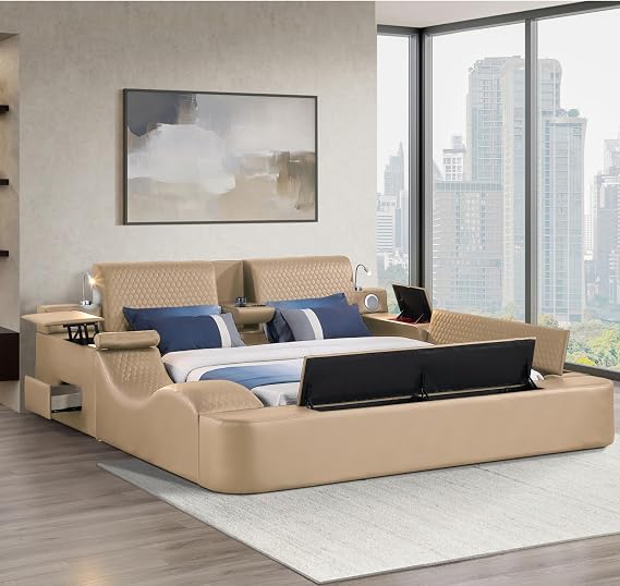 Queen Size Smart Bed, Multifunctional Leather Bed Frame with Massage Recliner/Upholstered Headboard/Music Speaker/USB Port/Storage Space, Modern Luxury Bed Frame (Caramel)
