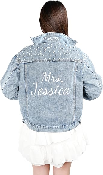Personalized Embroidered Bride Jean Jacket, Pearl Jean Jacket for Women with Name,Oversized Custom Cropped Denim Jacket for Wedding, Bachelor party, Bridal Shower/Trip,Honeymoon, Vacation
