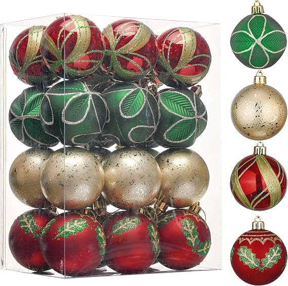 Valery Madelyn 24ct Christmas Tree Decorations Ball Ornaments 2.36 Inches | Red Green and Gold Shatterproof Christmas Decorations Bulk, 2.36 Inches Traditional Country Hanging Ornaments for Xmas Decor
