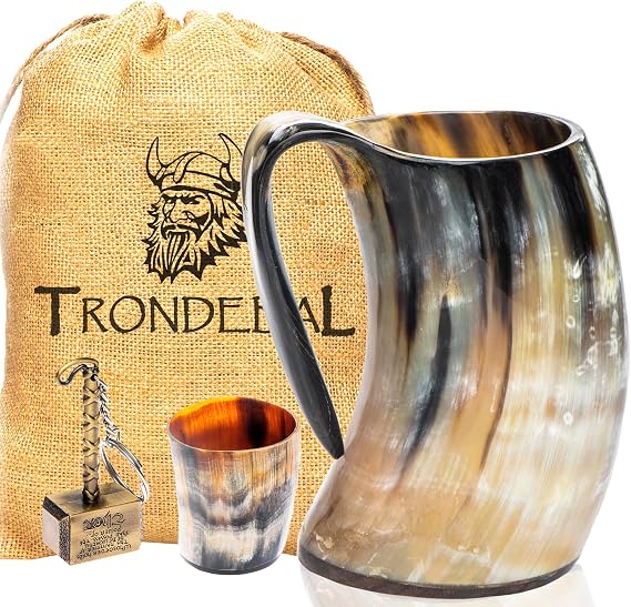 Trondebal Viking Drinking Horn Mug 15-20 oz Ox Horn Beer Cup, Gift for Men