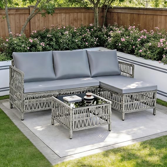 rattanstar Outdoor Rattan Garden Furniture Sets, 4-Seater Corner Sofa Set | Patio Furniture Set with Chaise Lounge, Loveseat, L-Shaped Sectional Glass Coffee Table for Balconies Terraces Backyards