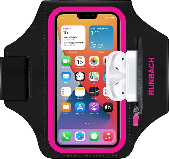Armband for iPhone 17/17 Pro/16/16 Pro/15/15 Pro/14/14 Pro/13/13 Pro/13 Mini/12/12 Pro/12 Mini/11/11 Pro/XR/XS/X/SE,Water Resistant Armband with Zipper Slot for Airpods and Car Key (Pink)