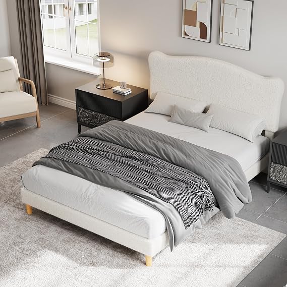 Bed Frame Upholstered Platform Bed with Scalloped Headboard, Wooden Slat Support, No Box Spring Needed, Under Bed Storage