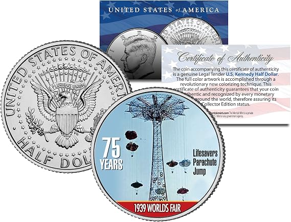 Merrick Mint 1939 NY World's Fair Life Savers Parachute Jump Colorized JFK Half Dollar Coin