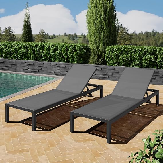 Outdoor Chaise Lounge Chairs Set of 2-4-Position Adjustable Patio Pool Chairs with Wheels, All-Weather 400lbs Capacity UV Resistant Aluminum Frame for Backyard, Beach, Deck (Black+Gray)