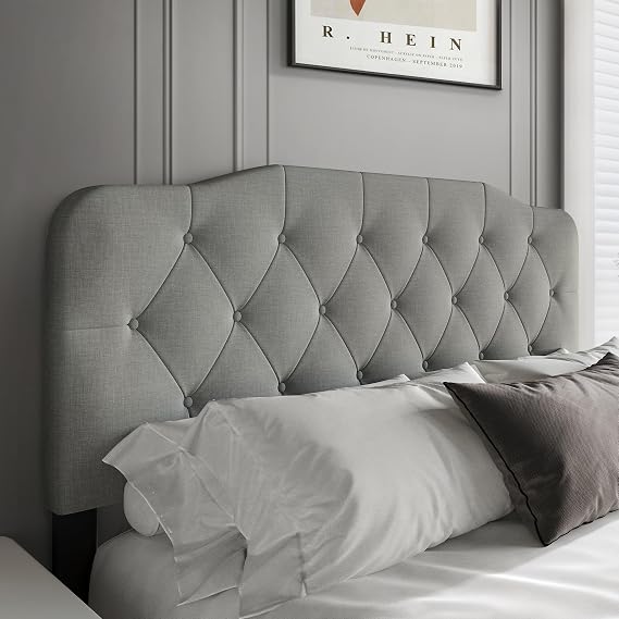 Upholstered Headboard Queen Size, Modern Button Diamond Tufted Linen, Bed Headboard with Solid Wood Legs & Adjustable Height from 42" to 46" (Light Gray, Queen)