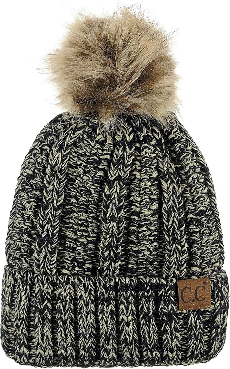 C.C Thick Cable Knit Faux Fuzzy Fur Pom Fleece Lined Skull Cap Cuff Beanie