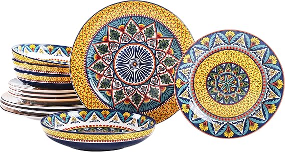 Bico Havana Ceramic 12 pcs Dinnerware Set, Service for 4, Inclusive of 11 inch Dinner Plates, 8.75 inch Salad Plates and 35oz Dinner Bowls, for Party, Microwave & Dishwasher Safe