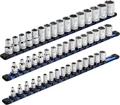 ARES 60041-3-Piece 17-Inch Blue Aluminum Socket Rail Set - 14-Inch, 38-Inch, and 12-Inch Drive Socket Organizers Hold 48 Sockets