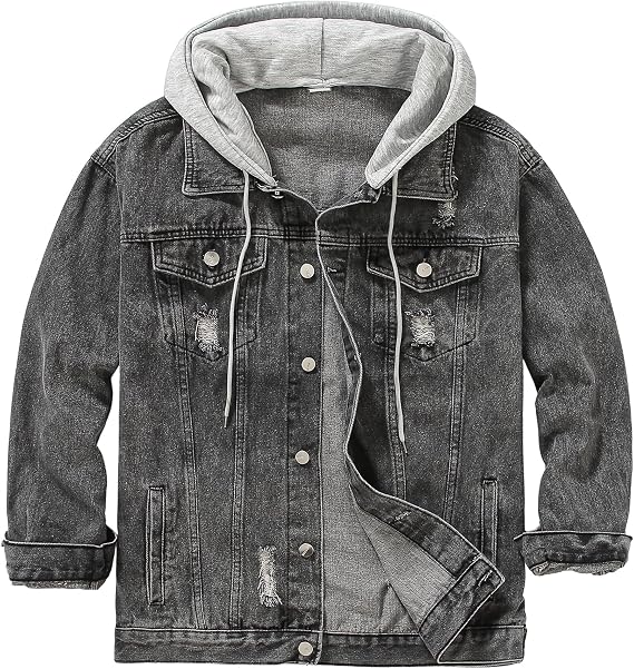 Men's Denim Jacket Distressed Hooded Jean Jackets Baggy Ripped Trucker Coat