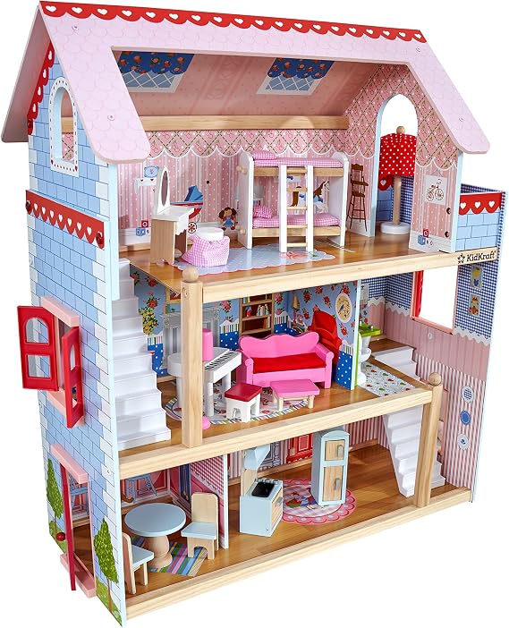 KidKraft Chelsea Doll Cottage Wooden Dollhouse with 16 Accessories | Working Shutters, Three Stories, Two Staircase, Balcony, For 5-Inch Dolls, Gift for Ages 3+