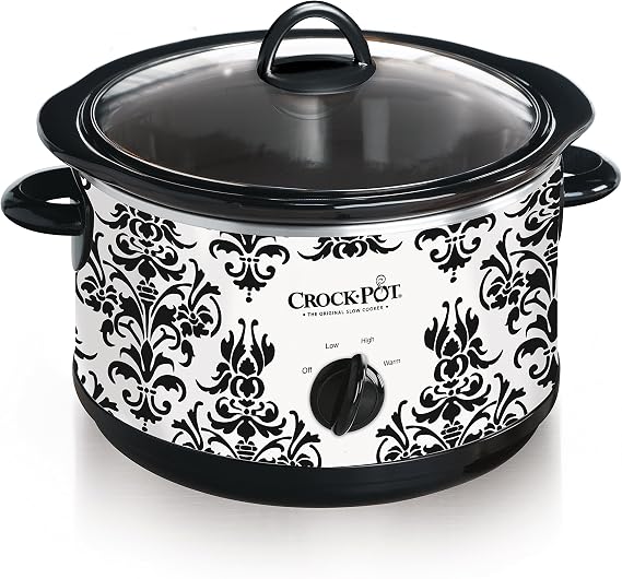 Crock Pot 4.5 Quart Manual Slow Cooker, Damask Pattern, White