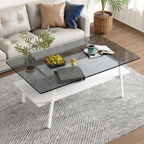 Glass Coffee Table, Rectangle Modern Glass Top Coffee Table with Shelf 2-Tier Tea Table Modern Side Coffee Table with Matel Legs for Office, Living Room (Grey/White)