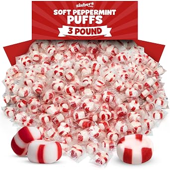 Bulk Peppermint Puffs Candy Mints - 3 Pound Approx. 255 Pieces Individually Wrapped Soft Puffed Peppermints Old-Fashioned Candies Made with Real Cane Sugar - Melt-in-Your-Mouth Peppermint Treats
