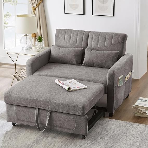 2 Seater Sofa Pull Out Sofa Bed with Pull Out Design and Sleeping Function, Sofabed Couch Bed with Three-Level Adjustable Backrest and Storage Bag, Loveseat Sofas, Cotton Linen, Dark Grey