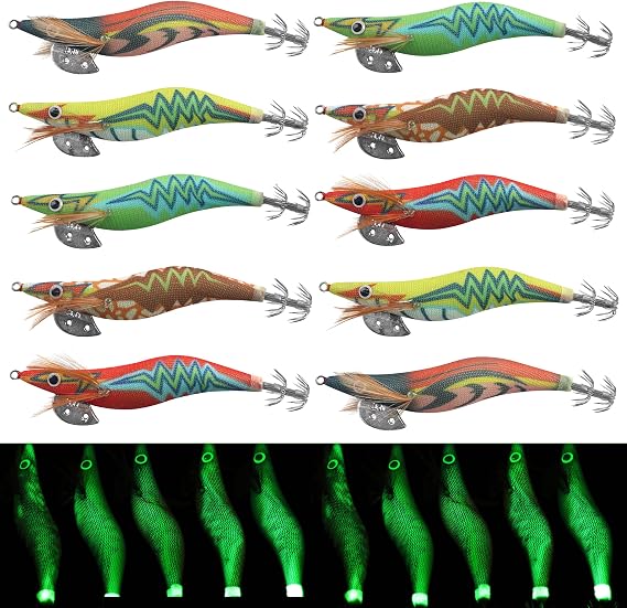 Glow Squid Jig Saltwater Squid Lures, 5pcs/10pcs Luminous Squid Jig Hooks Shrimp Prawn Lures Fluorescent Cuttlefish Sleeve Octopus Jigs Sea Fishing Lures Kit