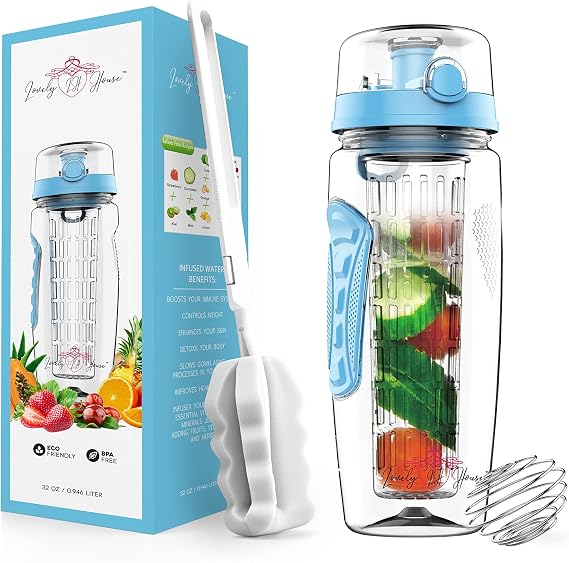 Fruit Infuser Water Bottle 32 oz: Flavored Water & Tea Infusion for Hydration, Protein Shake Sports Container, Leak-Proof Lid, Long Infuser Basket with Sleeve, Cleaner Brush & Mix Ball