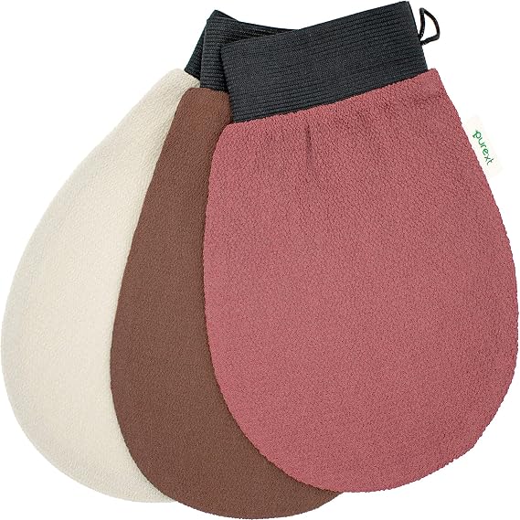3 Spa Exfoliating Gloves - Kessa Hammam Body Scrubber Mitts (Mixed) | PureXT Exfoliating Mitts, Fake Tan Remover, Shower Exfoliator, Dead Skin Remover, Suitable for Rough Bumpy Skin, Ingrown Hair