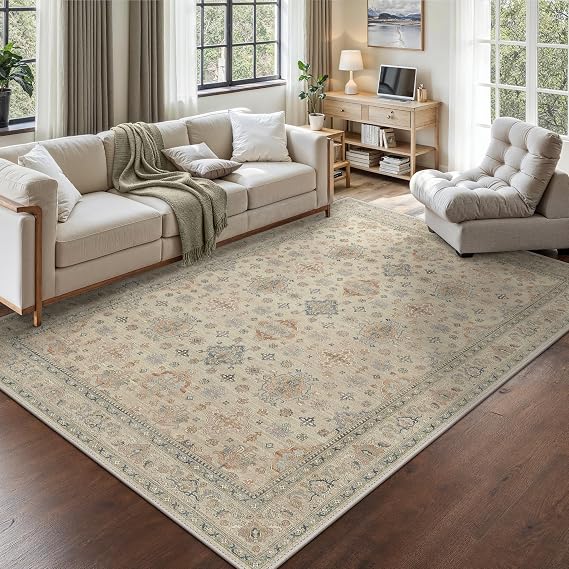 GENIMO Washable Living Room Area Rug 6x9 Vintage Design, Low Pile Lightweight Soft Print Non-Slip Rug for Kitchen Entryway Bedroom Office Large Rugs, Darkgrey