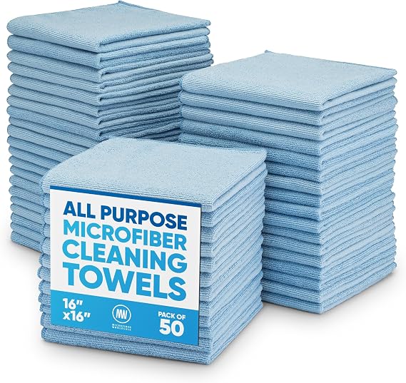 Microfiber Wholesale 16" x 16" All Purpose Towels - 50 Pack - Reusable Wash Cloths, Dust, Kitchen, Car, Shop Rags for Cleaning (Blue)