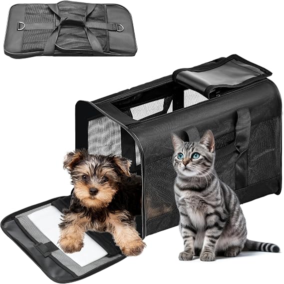 FluffyDream Pet Travel Carrier Soft Sided Portable Bag for Cats, Small Dogs, Kittens or Puppies, Collapsible, Durable, Airline Approved, Travel Friendly (Grey, 17.0" L x 10.0" W x 11.0" H) (Black)