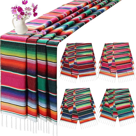 12 Pcs Mexican Serape Table Runners Mexican Theme Party Table Decorations Colorful Striped Serape Table Blanket Runner Tablecloth for Cinco de Mayo Mexican Fiesta Party, 14 x 84 Inch Multi Colors
