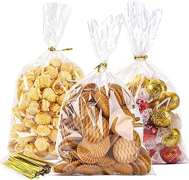 Cellophane Bag 100Pcs 6X10 Treat Bags with Ties Goodie Bags Clear Plastic Bag for Packaging Favor Gift Cookie Candy Bakery